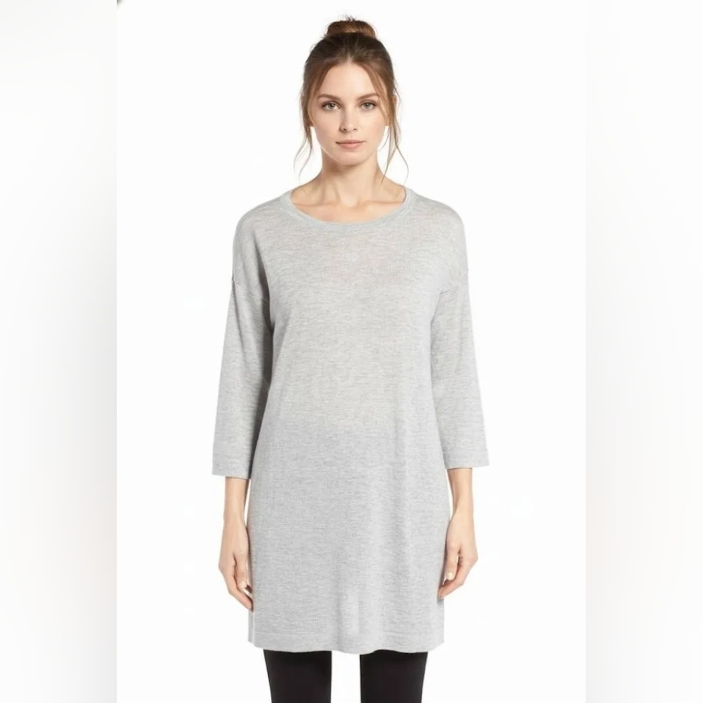 Eileen Fisher Tencel Wool Gray Side Slit Tunic Sweater